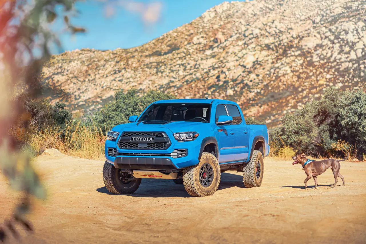 A blue Toyota pick up parked on dirt with a dog near it