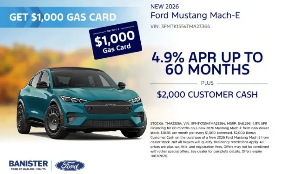 4.9% APR Up to 60 Months on a New 2026 Ford Mustang Mache-E | Banister Ford of Marlow Heights