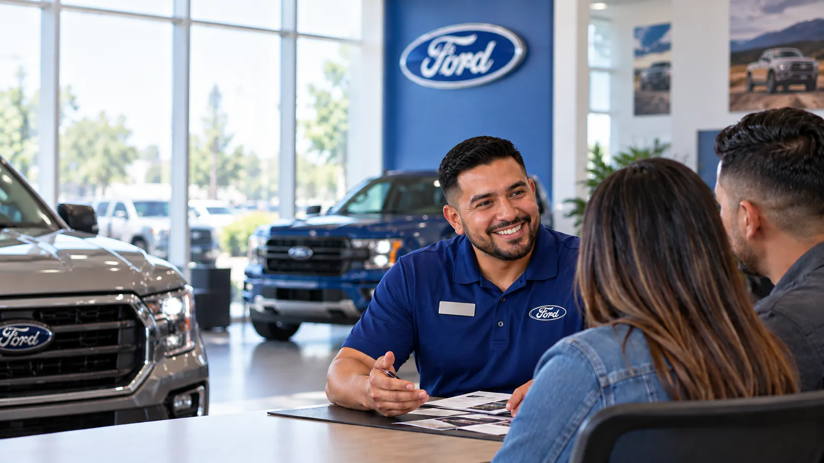 Customer receiving vehicle keys at a Ford dealership