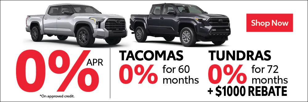 0% APR for 60mos on Tacomas and 0% APR for 72mos + $1000 Rebate on Tundras | Berge Toyota
