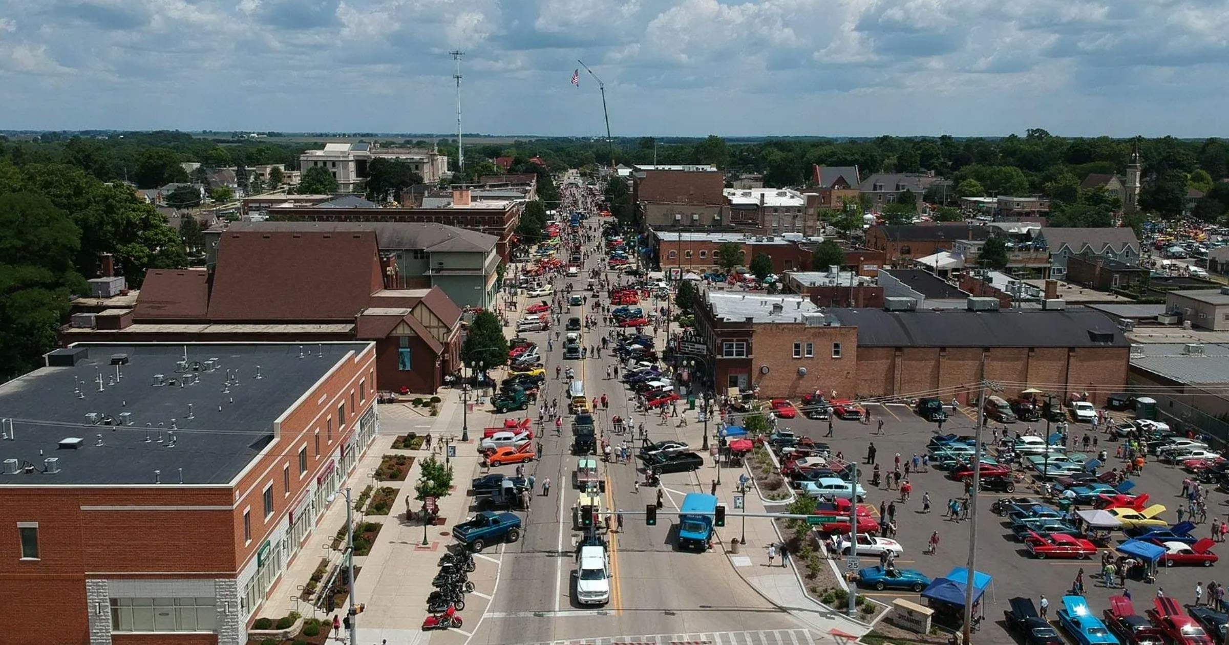 Ariel image of car show on downtown main street