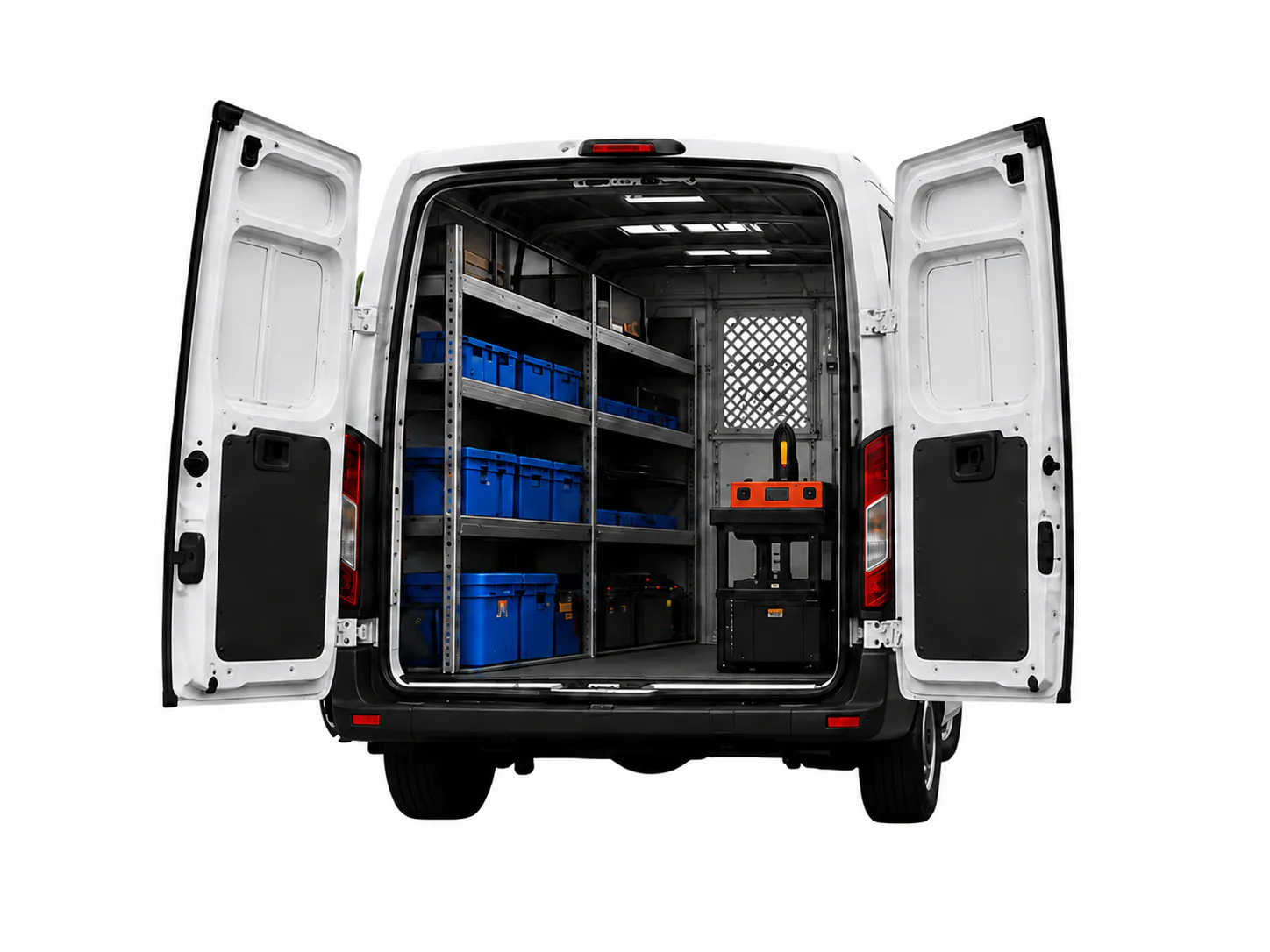 Cargo van interior outfitted with shelving, storage bins and a bulkhead partition
