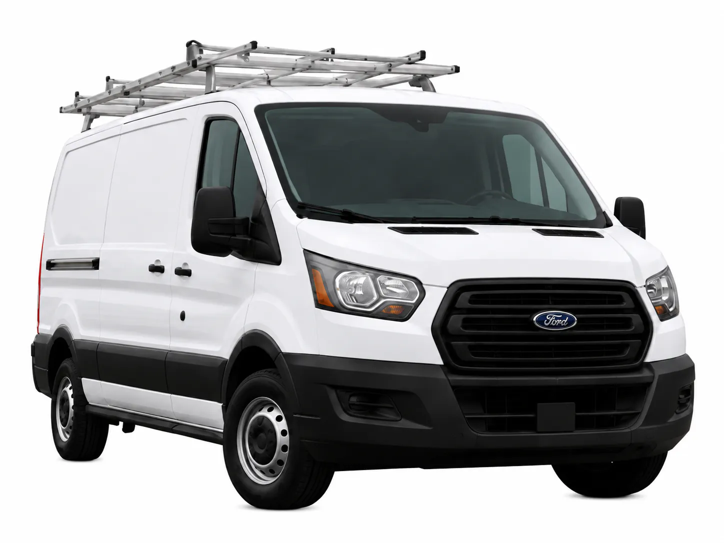 Commercial cargo van with roof-mounted ladder rack