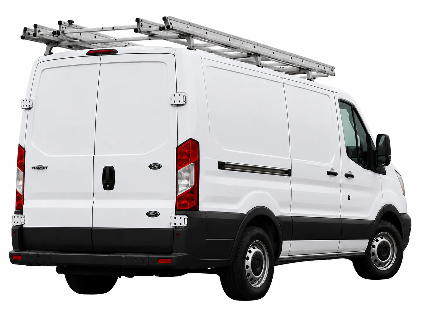 Rear view of commercial cargo van with ladder rack