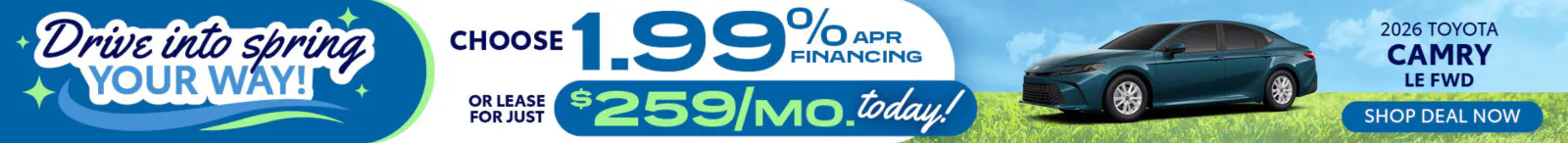 2026 Toyota Camry LE FWD – April APR or Lease offer SRP Banner