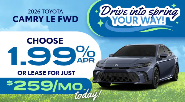 2026 Toyota Camry LE FWD – April APR or Lease offer SRP Banner | Five Star Toyota of Milledgeville