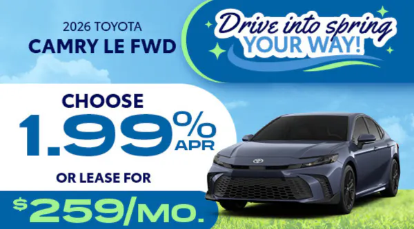 2026 Toyota Camry LE FWD – April APR or Lease offer SRP Banner | Five Star Toyota of Milledgeville