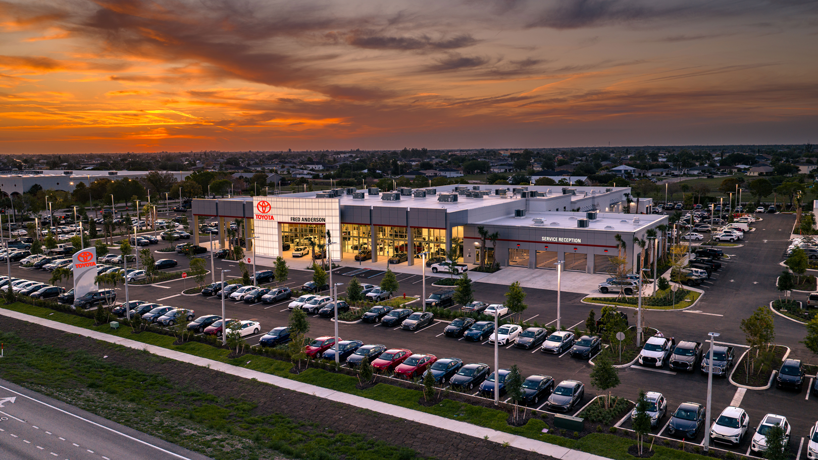 Dealership exterior at night at Fred Anderson Toyota of Cape Coral