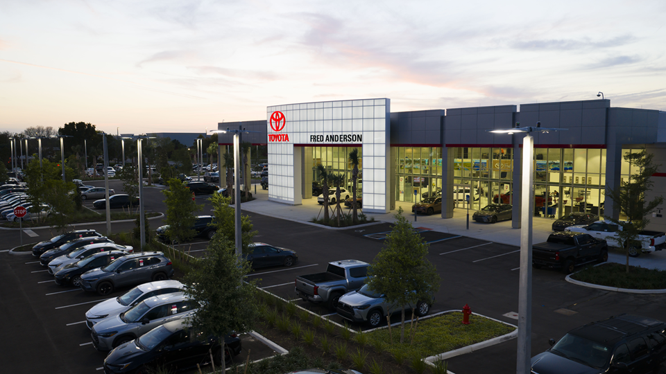 Front exterior night view of Fred Anderson Toyota of Cape Coral