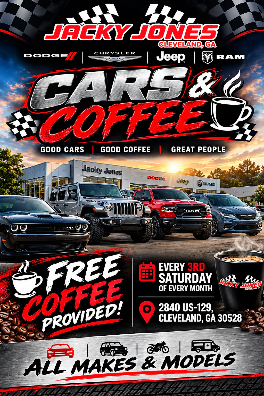 Jacky Jones Cars & Coffee event flyer: free coffee provided, every 3rd Saturday of the month, 2840 US-129, Cleveland, GA 30528, all makes and models.