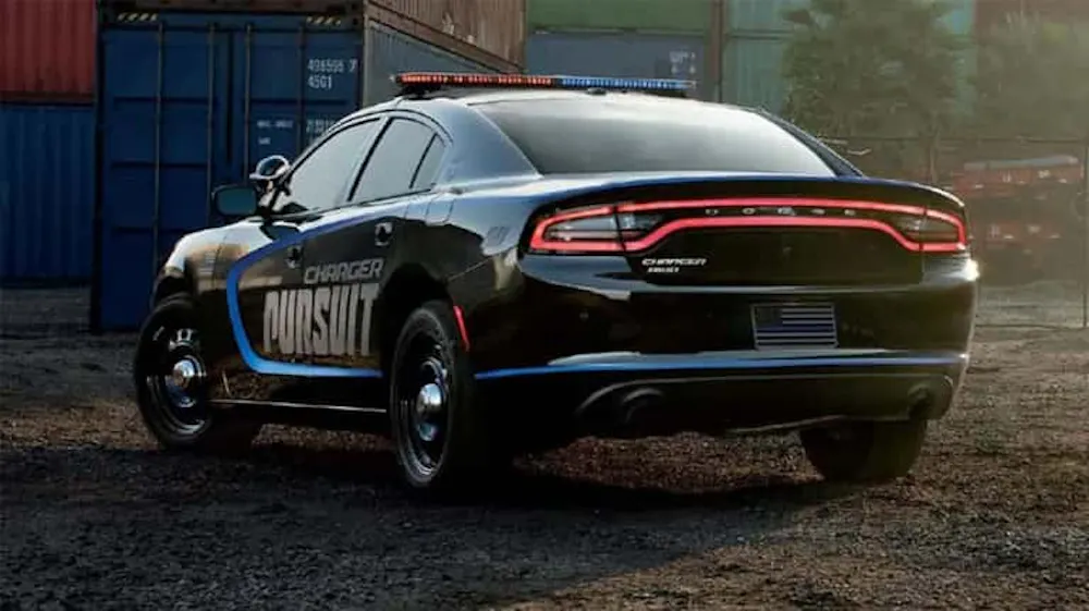 Police pursuit vehicle viewed from the rear