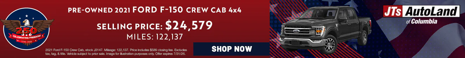 2021 Ford F-150 Crew Cab 4×4 Selling Price: $24,579 Miles: 122,137 | JTs AutoLand of Columbia