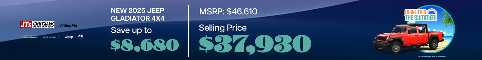 New 2025 Jeep Gladiator 4×4 Save up to $8,680 MSRP: $46,610 Selling price: $37,930