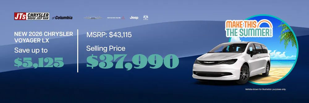 New 2026 Chrysler Voyager LX Save up to $5,125 MSRP: $43,115 Selling price: $37,990. | JTs Chrysler Dodge Jeep Ram of Columbia