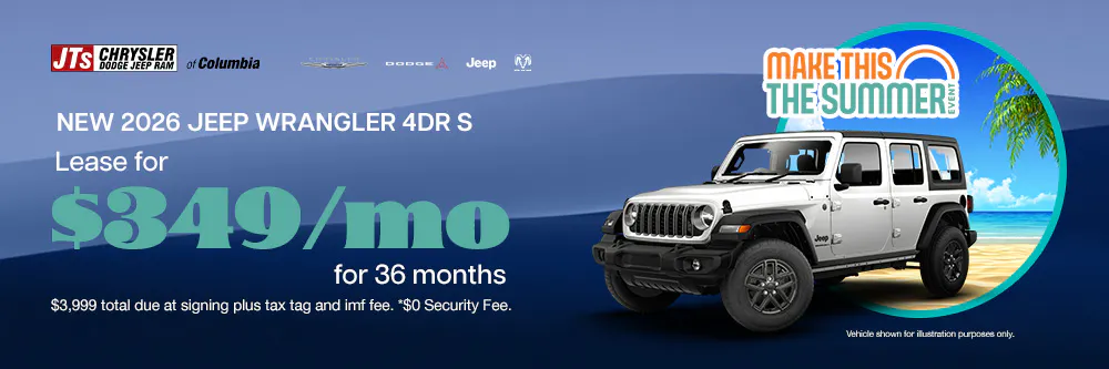 New 2026 Jeep Wrangler 4DR S Lease for $349/mo for 36 months $3,999 total due at signing plus tax tag and imf fee. *$0 Security Fee | JTs Chrysler Dodge Jeep Ram of Columbia