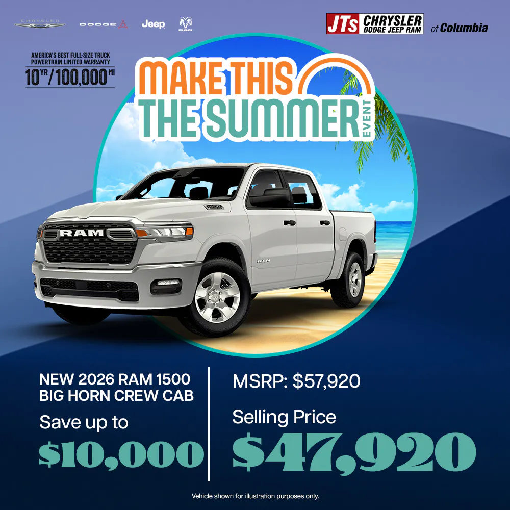 New	2026 Ram 1500 Big Horn Crew Cab Save up to $10,000 MSRP: $57,920 Selling price: $47,920 | JTs Chrysler Dodge Jeep Ram of Columbia