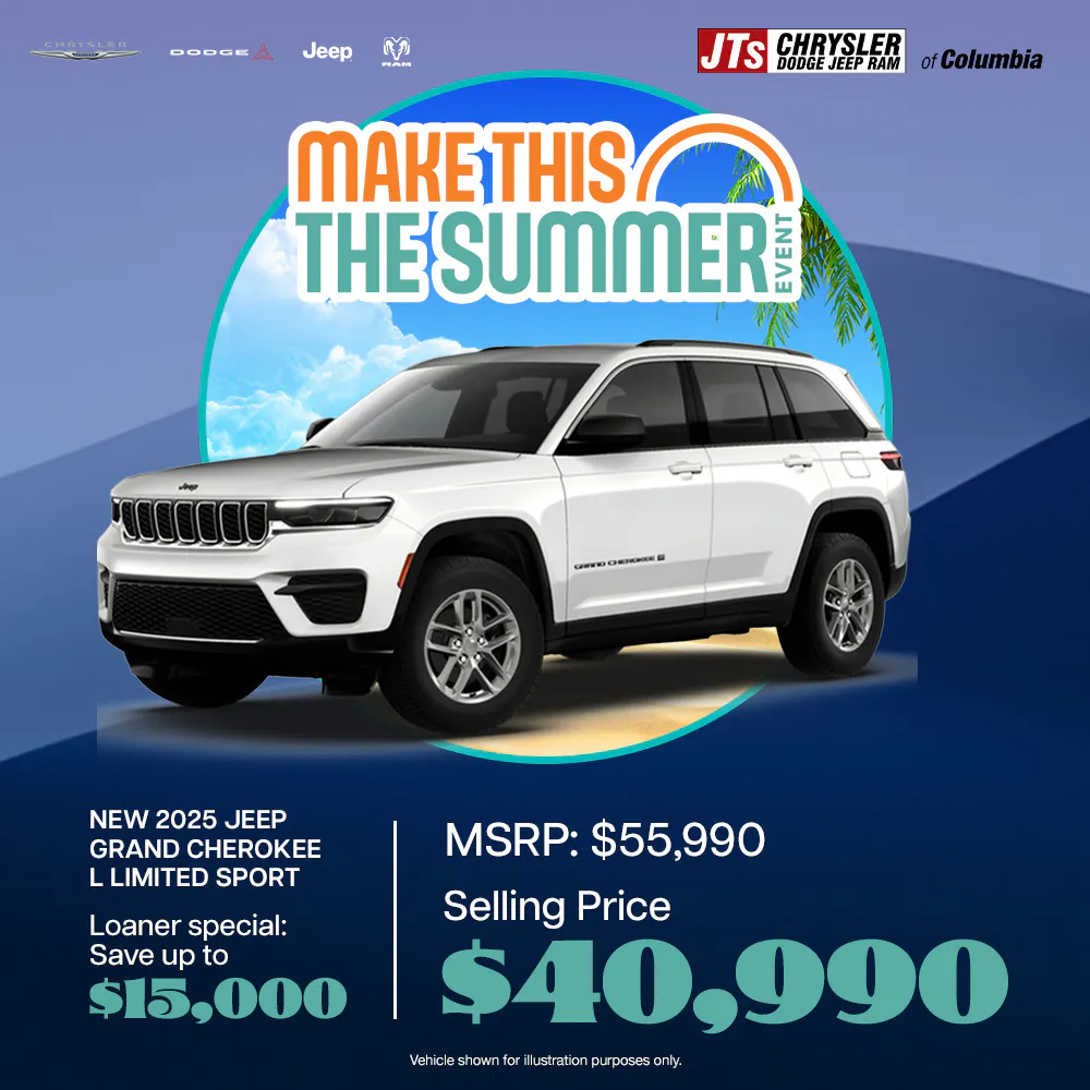 New	2025 Jeep Grand Cherokee L Limited Sport Loaner special: Save up to $15,000 MSRP: $55,990 Selling price: $40,990. | JTs Chrysler Dodge Jeep Ram of Columbia