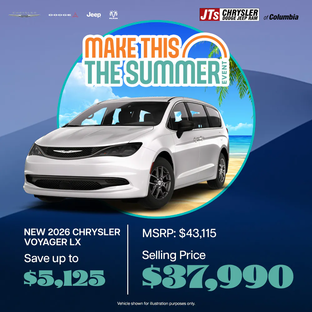 New	2026 Chrysler Voyager LX Save up to $5,125 MSRP: $43,115 Selling price: $37,990. | JTs Chrysler Dodge Jeep Ram of Columbia