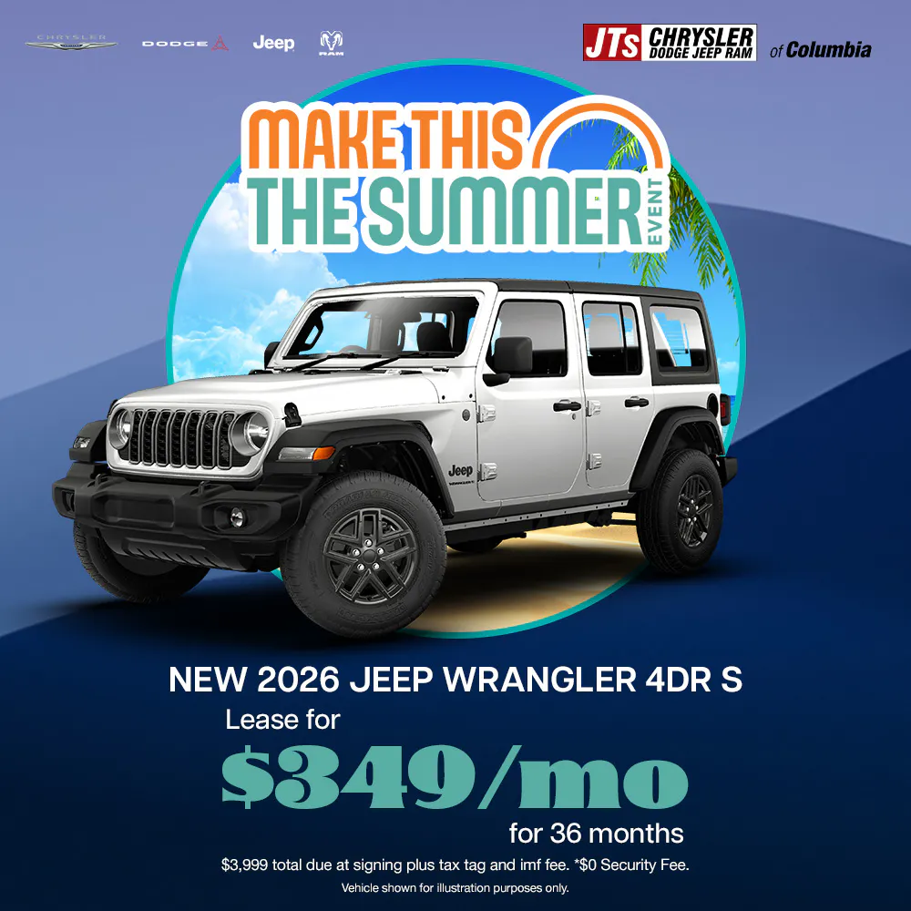 New	2026 Jeep Wrangler 4DR S Lease for $349/mo for 36 months $3,999 total due at signing plus tax tag and imf fee. *$0 Security Fee | JTs Chrysler Dodge Jeep Ram of Columbia