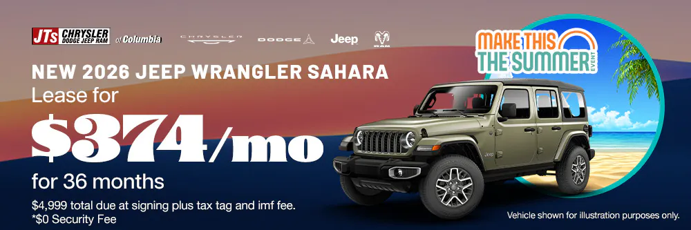 Lease for $374/mo for 36 months $4,999 total due at signing plus tax tag and imf fee. *$0 Security Fee | JTs Chrysler Dodge Jeep Ram of Columbia