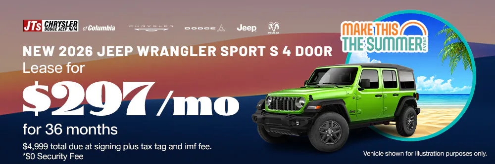 Lease for $297/mo for 36 months $4,999 total due at signing plus tax tag and imf fee. *$0 Security Fee | JTs Chrysler Dodge Jeep Ram of Columbia