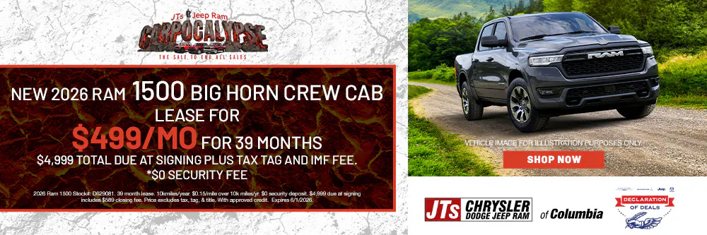 Lease for $499/mo for 39 months $4,999 total due at signing plus tax tag and imf fee. *$0 Security Fee | JTs Chrysler Dodge Jeep Ram of Columbia