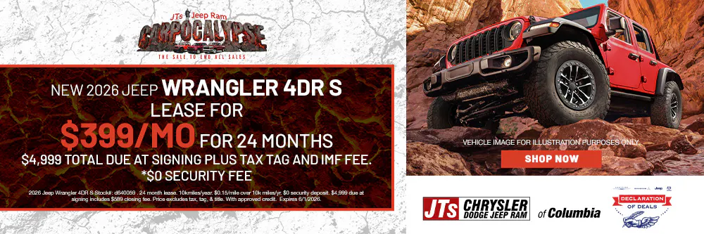 Lease for $399/mo for 24months $4,999 total due at signing plus tax tag and imf fee.  *$0 Security Fee | JTs Chrysler Dodge Jeep Ram of Columbia