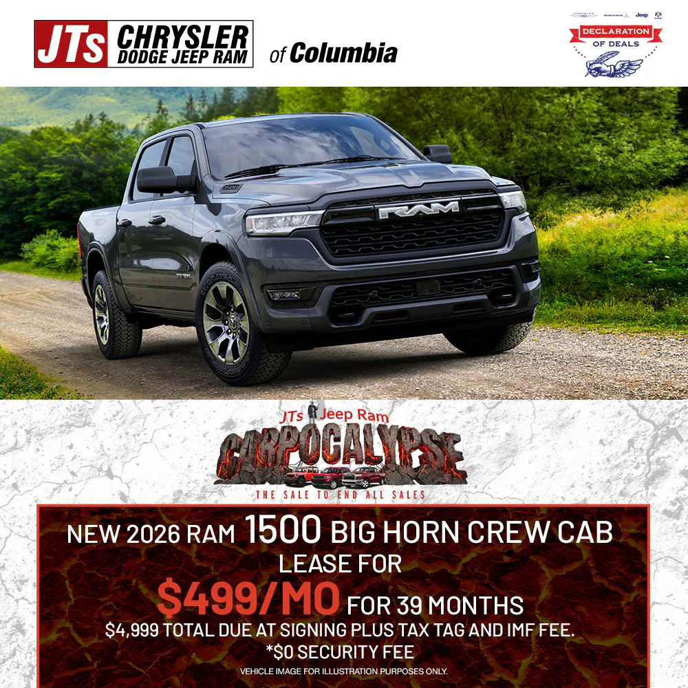 Lease for $499/mo for 39 months $4,999 total due at signing plus tax tag and imf fee. *$0 Security Fee | JTs Chrysler Dodge Jeep Ram of Columbia