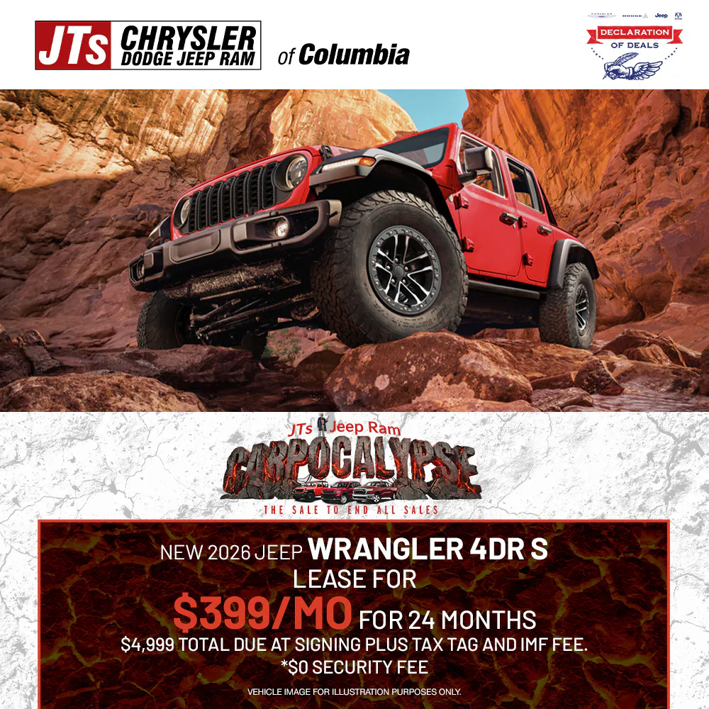 Lease for $399/mo for 24months $4,999 total due at signing plus tax tag and imf fee.  *$0 Security Fee | JTs Chrysler Dodge Jeep Ram of Columbia