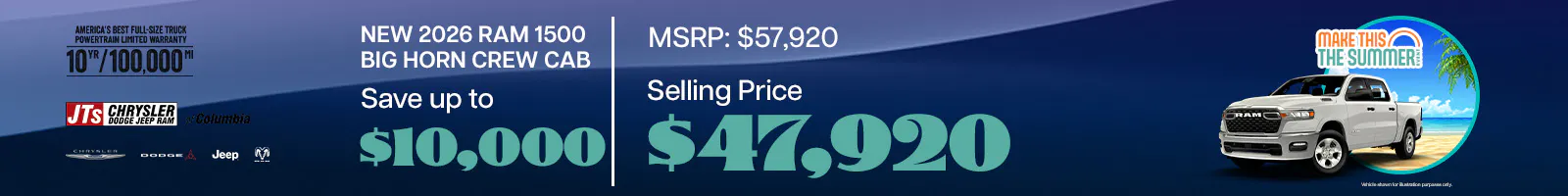 New 2026 Ram 1500 Big Horn Crew Cab Save up to $10,000 MSRP: $57,920 Selling price: $47,920