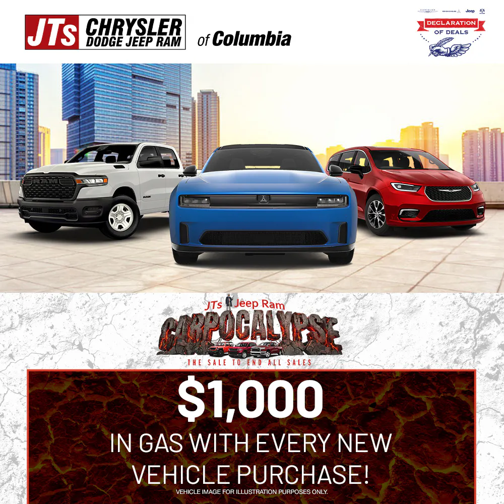 $1,000 In Gas With Every New Vehicle Purchase! | JTs Chrysler Dodge Jeep Ram of Columbia