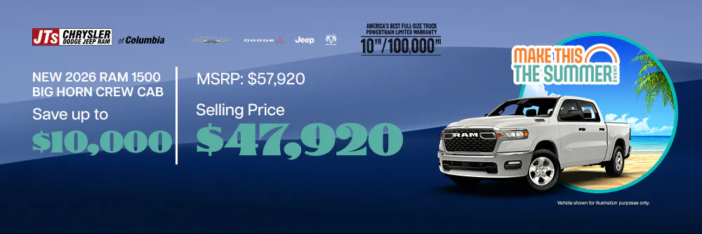 New 2026 Ram 1500 Big Horn Crew Cab Save up to $10,000 MSRP: $57,920 Selling price: $47,920 | JTs Chrysler Dodge Jeep Ram of Columbia