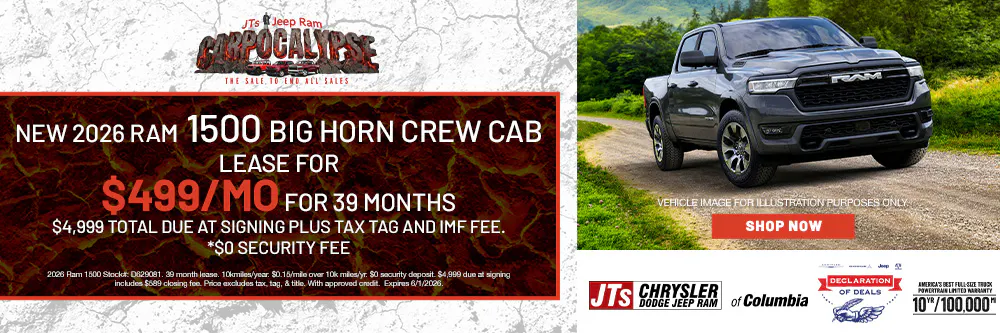 Lease for $499/mo for 39 months $4,999 total due at signing plus tax tag and imf fee. *$0 Security Fee | JTs Chrysler Jeep Dodge Ram of Lexington