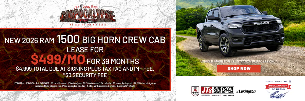 Lease for $499/mo for 39 months $4,999 total due at signing plus tax tag and imf fee. *$0 Security Fee | JTs Chrysler Jeep Dodge Ram of Lexington
