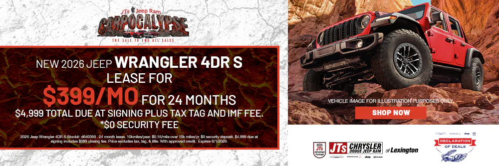 Lease for $399/mo for 24months $4,999 total due at signing plus tax tag and imf fee.  *$0 Security Fee | JTs Chrysler Jeep Dodge Ram of Lexington