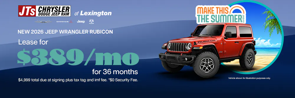 Lease for $389/mo for 36 months $4,999 total due at signing plus tax tag and imf fee.  *$0 Security Fee | JTs Chrysler Jeep Dodge Ram of Lexington