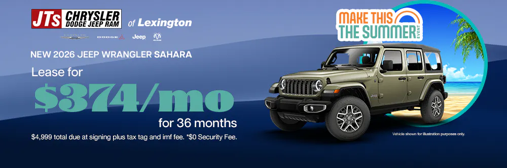 Lease for $374/mo for 36 months $4,999 total due at signing plus tax tag and imf fee. *$0 Security Fee | JTs Chrysler Jeep Dodge Ram of Lexington