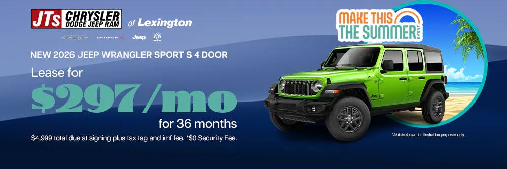 Lease for $297/mo for 36 months $4,999 total due at signing plus tax tag and imf fee. *$0 Security Fee | JTs Chrysler Jeep Dodge Ram of Lexington