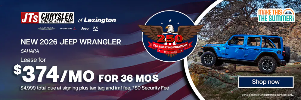 2026 Jeep Wrangler Sahara Lease for $374/mo for 36 months | JTs Chrysler Jeep Dodge Ram of Lexington