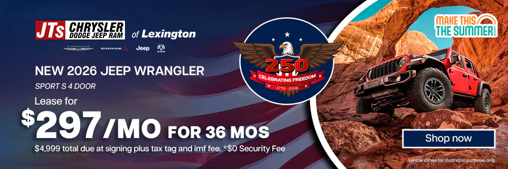 2026 Jeep Wrangler Sport S 4 Door Lease for $297/mo for 36 months | JTs Chrysler Jeep Dodge Ram of Lexington