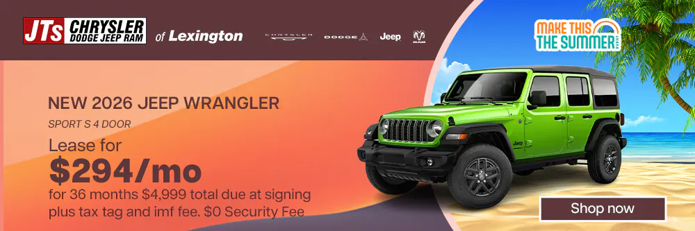 Lease for $294/mo for 36 months $4,999 total due at signing plus tax tag and imf fee. $0 Security Fee | JTs Chrysler Jeep Dodge Ram of Lexington