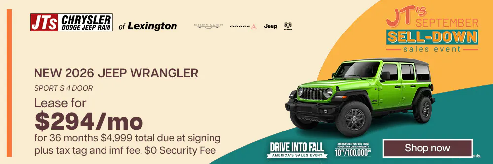 New 2026 Jeep Wrangler Sport S 4 Door Lease for $294/mo for 36 months $4,999 total due at signing plus tax tag and imf fee. $0 Security Fee | JTs Chrysler Jeep Dodge Ram of Lexington