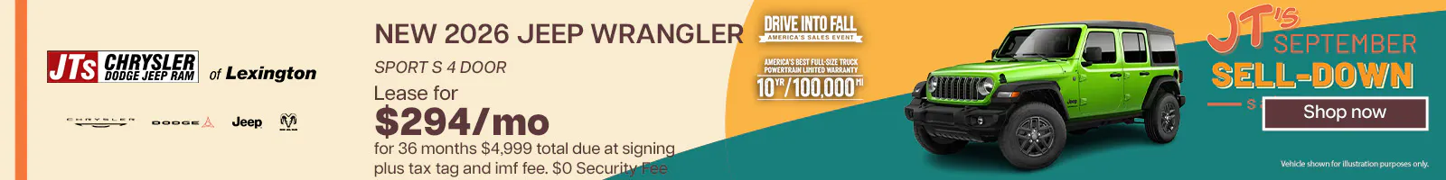 New 2026 Jeep Wrangler Sport S 4 Door Lease for $294/mo for 36 months $4,999 total due at signing plus tax tag and imf fee. $0 Security Fee