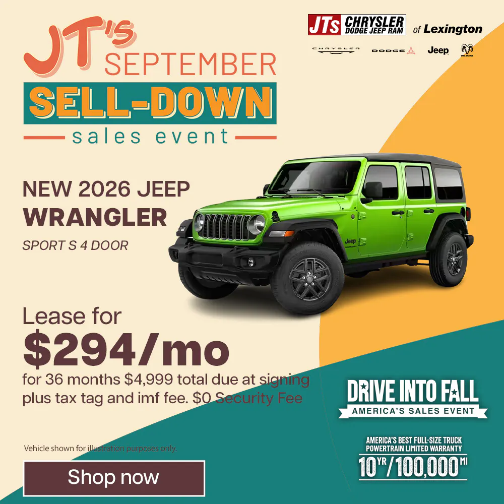 New	2026 Jeep Wrangler Sport S 4 Door Lease for $294/mo for 36 months $4,999 total due at signing plus tax tag and imf fee. $0 Security Fee | JTs Chrysler Jeep Dodge Ram of Lexington
