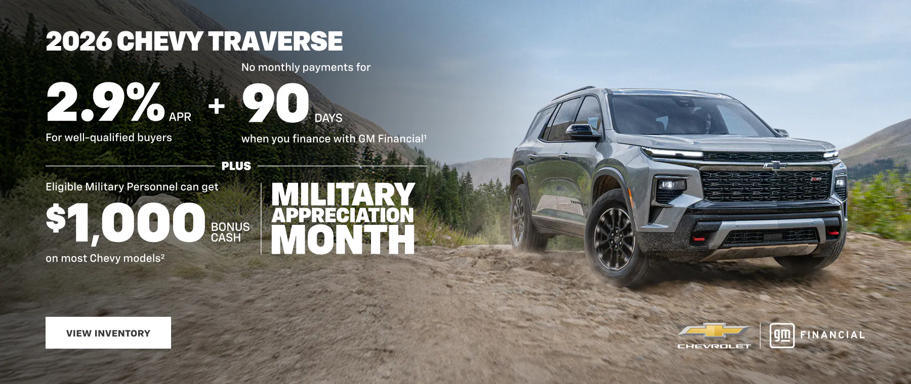 2026 Chevy Traverse 2.9% APR no payments for 90 days at Juneau Auto Mall