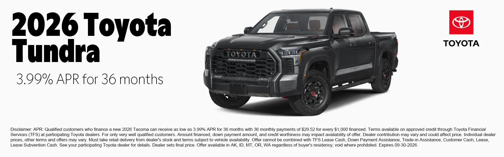 2026 Toyota Tundra finance offer at Juneau Toyota in Juneau, Alaska