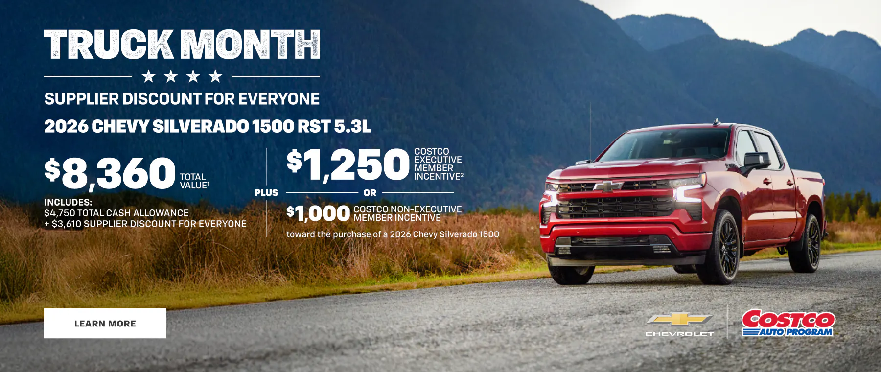 2026 Chevy Silverado 1500 RST 5.3L red truck during Truck Month with supplier discount and Costco incentive savings up to $8,360