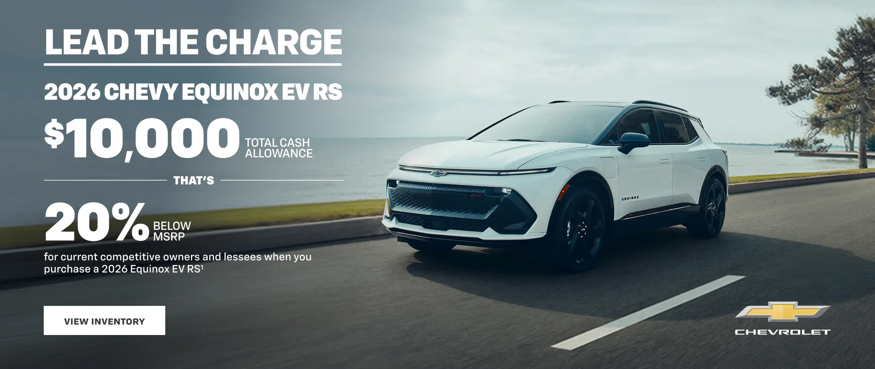 2026 Chevy Equinox EV RS driving on road with $10,000 cash allowance and 20 percent below MSRP offer