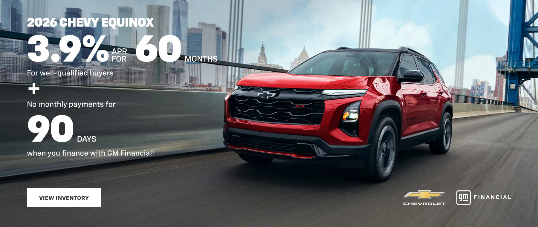 2026 Chevy Equinox red SUV driving in city with 3.9% APR for 60 months and no payments for 90 days offer