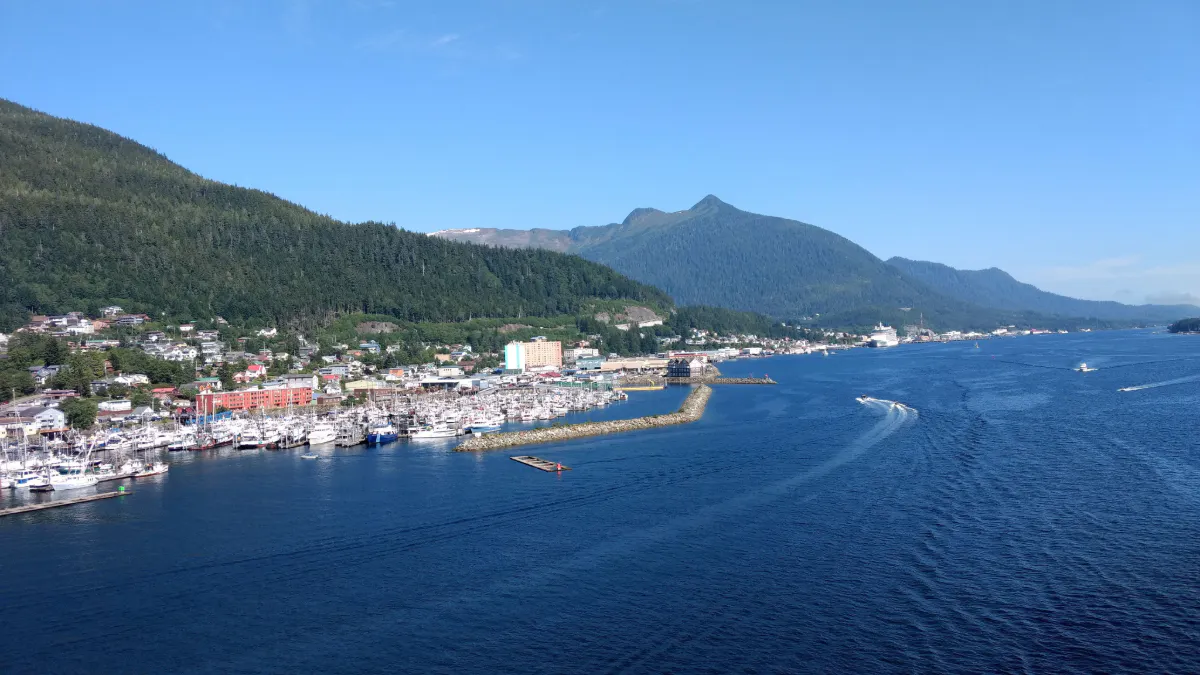 Juneau, Alaska harbor view with mountains and marina